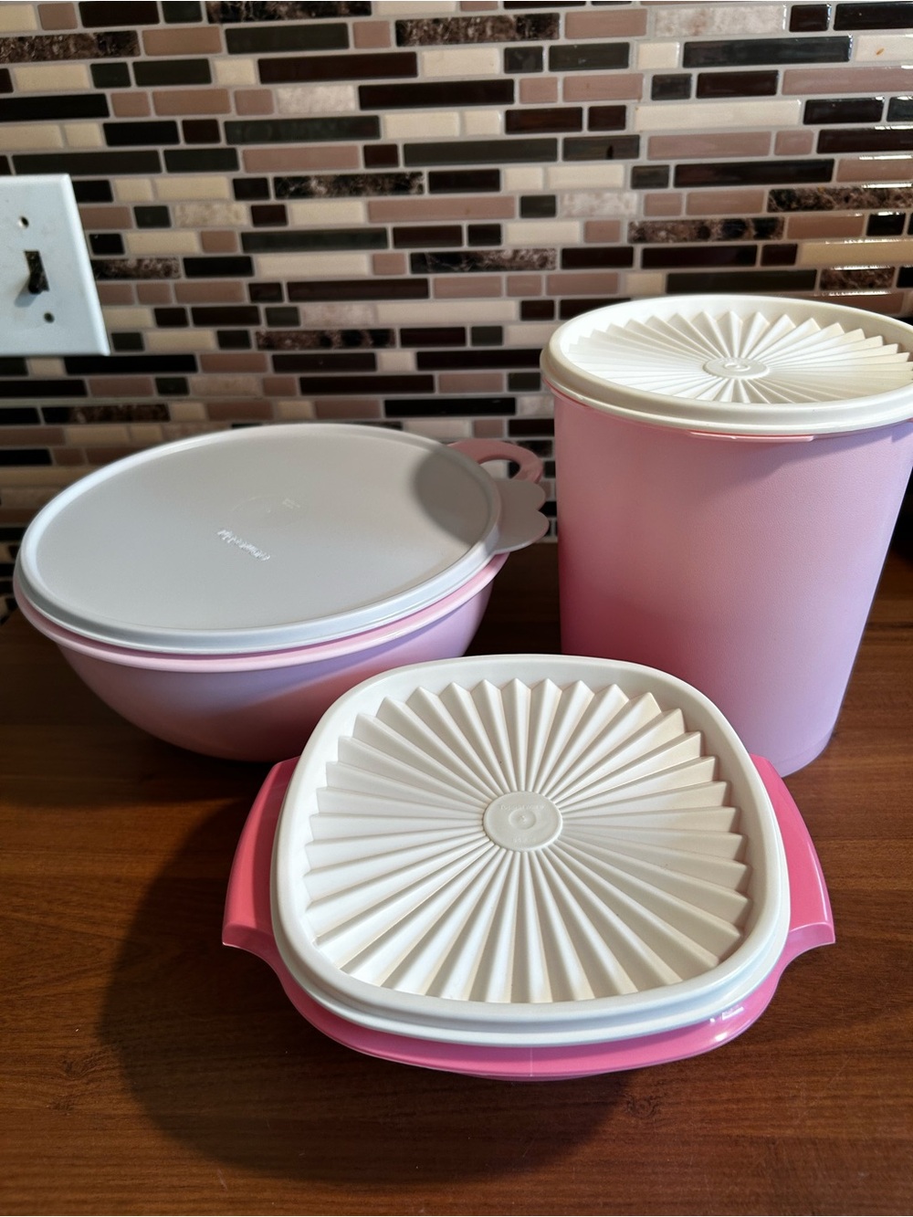 Never Used Tupperware Pink Plastic Kitchen Storage Set with White Lids